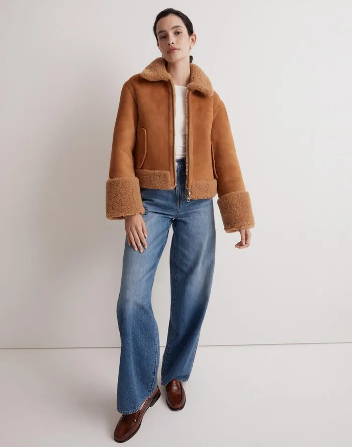Women Shearling ZipFront Jacket Toffee Madewell Coats Jackets