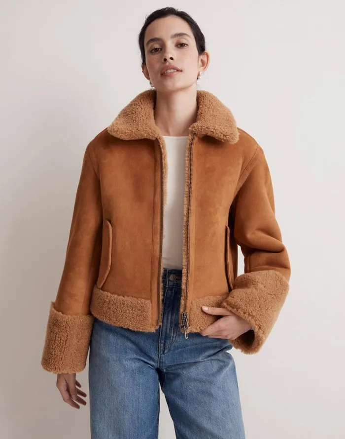 Women Shearling ZipFront Jacket Toffee Madewell Coats Jackets
