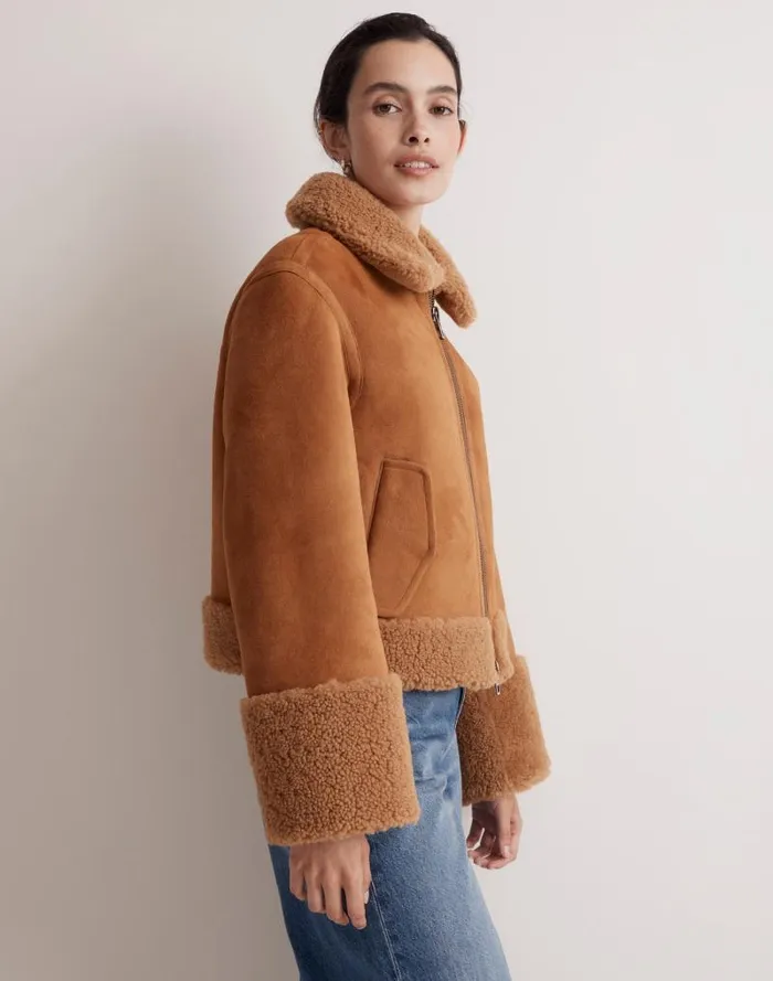 Women Shearling ZipFront Jacket Toffee Madewell Coats Jackets
