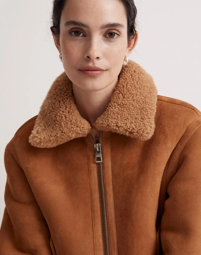 Women Shearling ZipFront Jacket Toffee Madewell Coats Jackets
