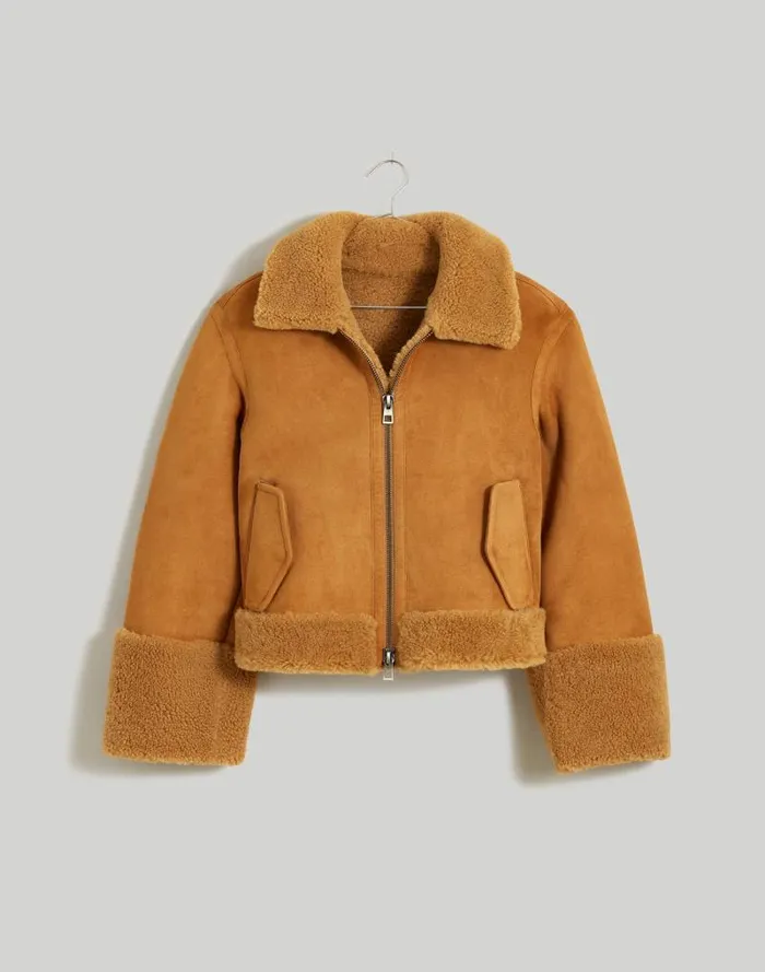 Women Shearling ZipFront Jacket Toffee Madewell Coats Jackets