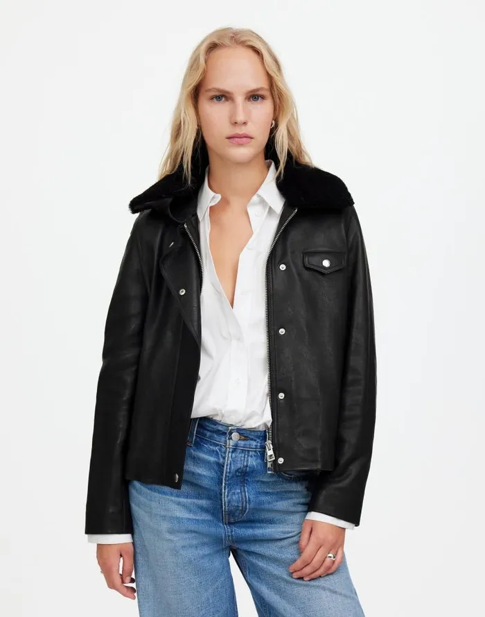 Women SherpaCollar Asymmetric ZipFront Jacket In Leather True Black Madewell Coats Jackets Women SherpaCollar Asymmetric ZipFront Jacket In Leather True Black Madewell Coats Jackets