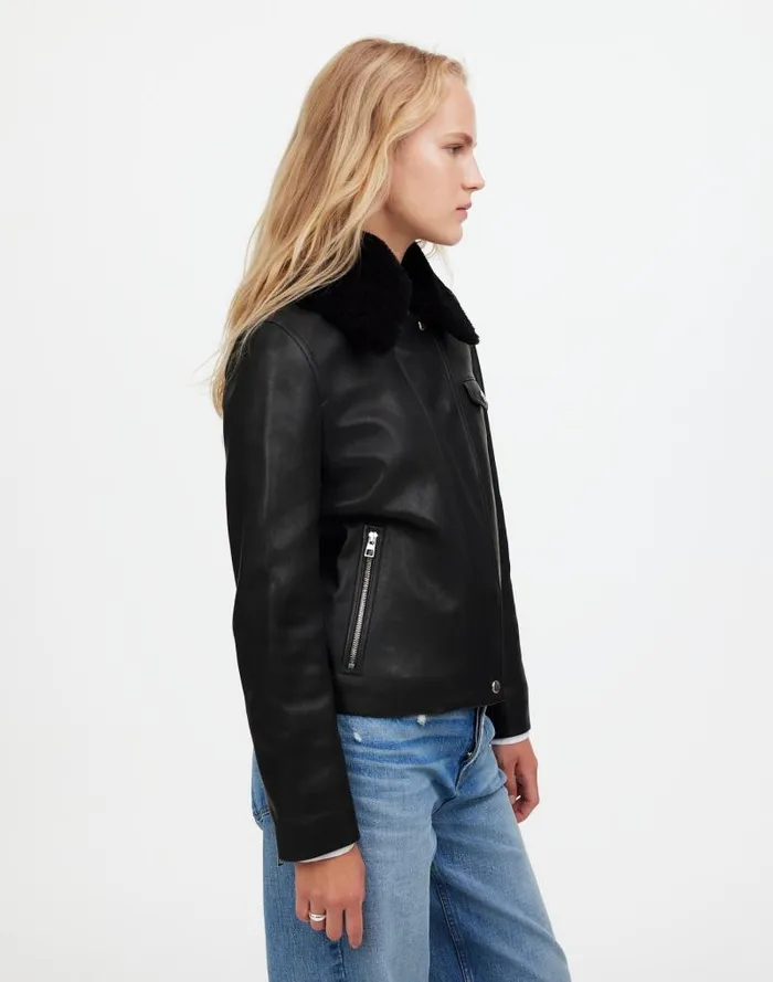 Women SherpaCollar Asymmetric ZipFront Jacket In Leather True Black Madewell Coats Jackets