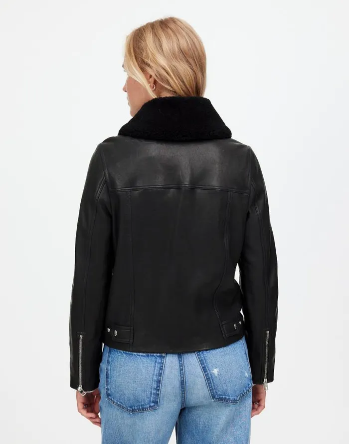 Women SherpaCollar Asymmetric ZipFront Jacket In Leather True Black Madewell Coats Jackets