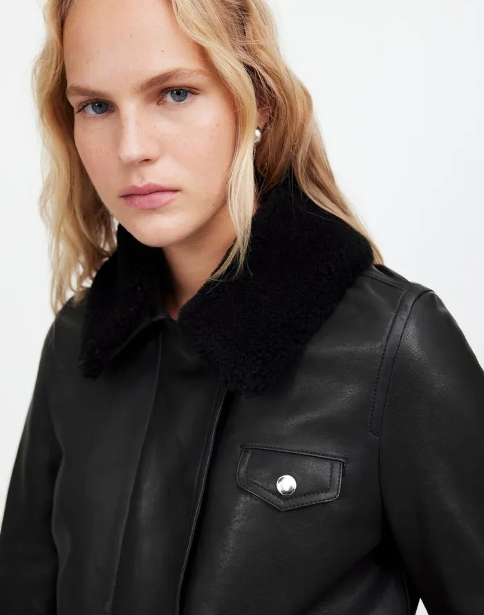 Women SherpaCollar Asymmetric ZipFront Jacket In Leather True Black Madewell Coats Jackets