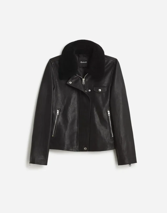 Women SherpaCollar Asymmetric ZipFront Jacket In Leather True Black Madewell Coats Jackets