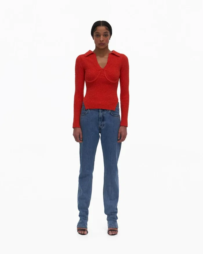 Women Slubbed Knit Polo Flare Helmut Lang Sweaters