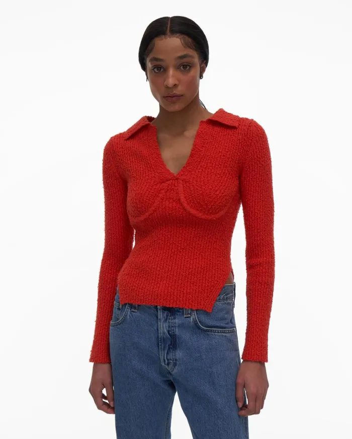 Women Slubbed Knit Polo Flare Helmut Lang Sweaters