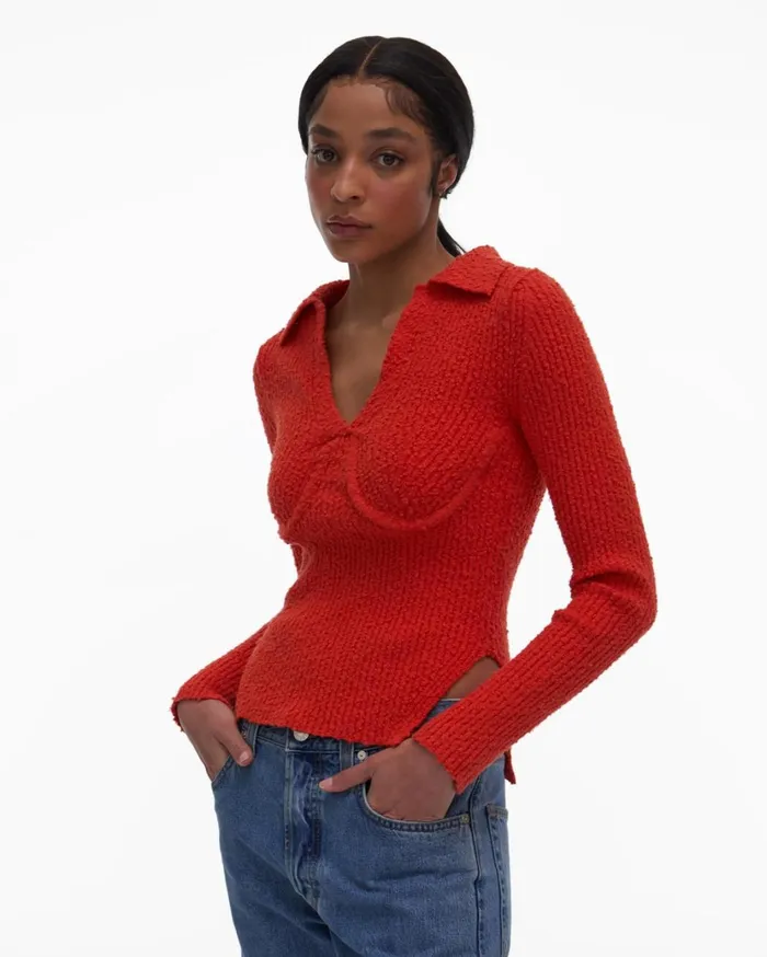Women Slubbed Knit Polo Flare Helmut Lang Sweaters