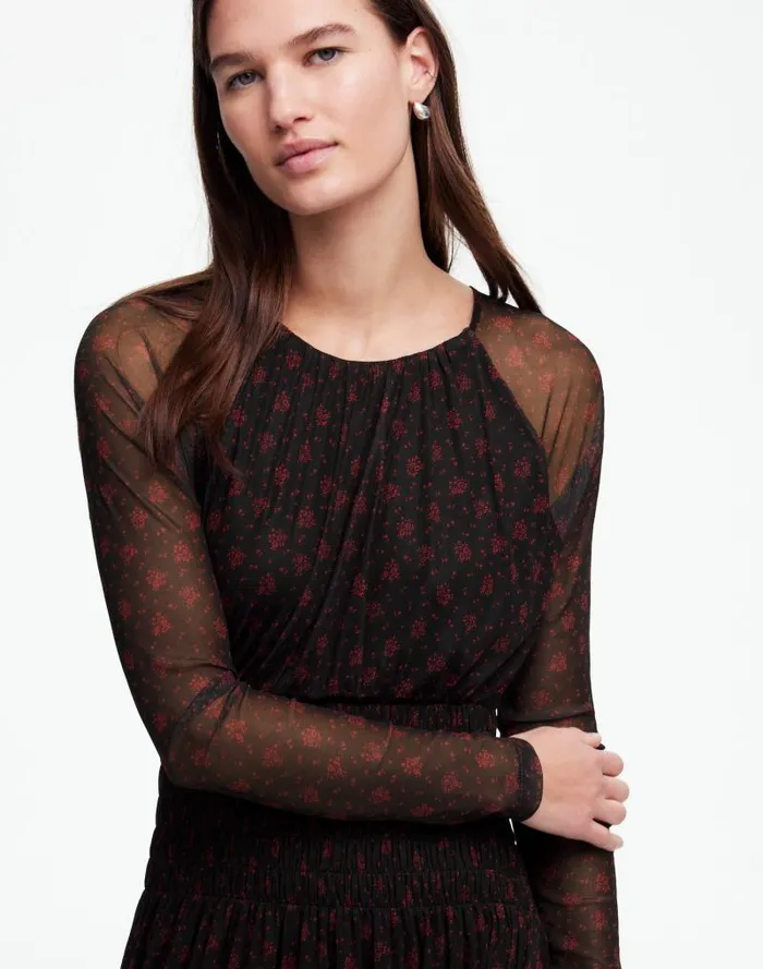 Women Smocked Midi Dress In Floral Bright Cherry Madewell Dresses