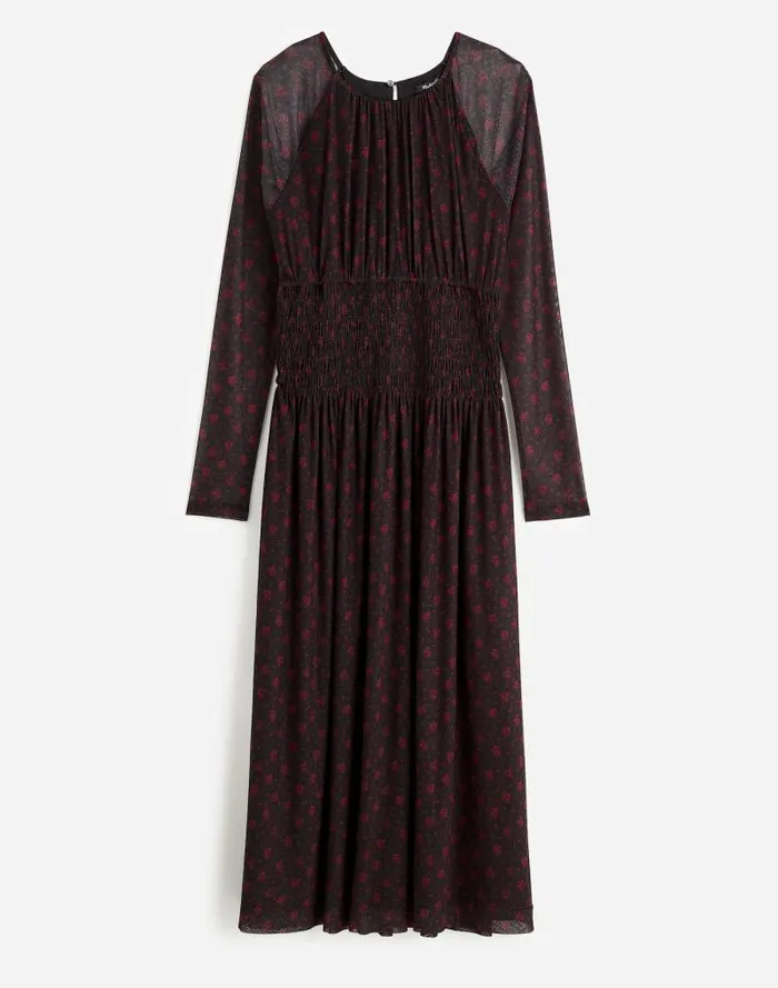 Women Smocked Midi Dress In Floral Bright Cherry Madewell Dresses