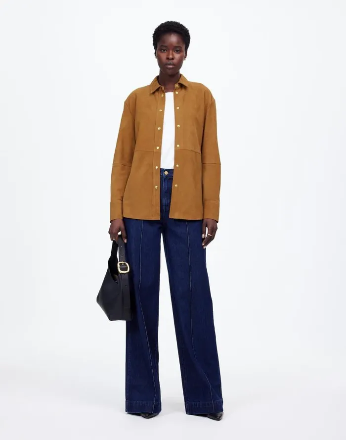 Women StraightHem ButtonUp Shirt In Suede Leather Suede Madewell Tops and Shirts