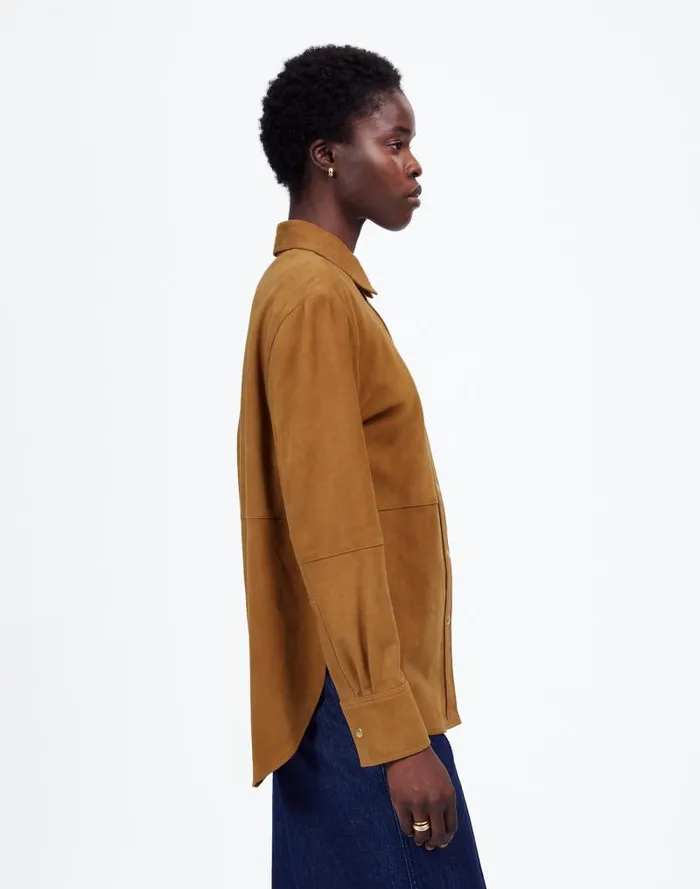 Women StraightHem ButtonUp Shirt In Suede Leather Suede Madewell Tops and Shirts