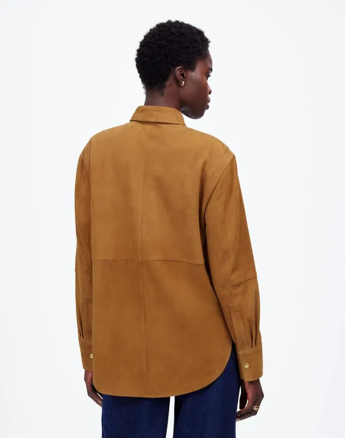 Women StraightHem ButtonUp Shirt In Suede Leather Suede Madewell Tops and Shirts