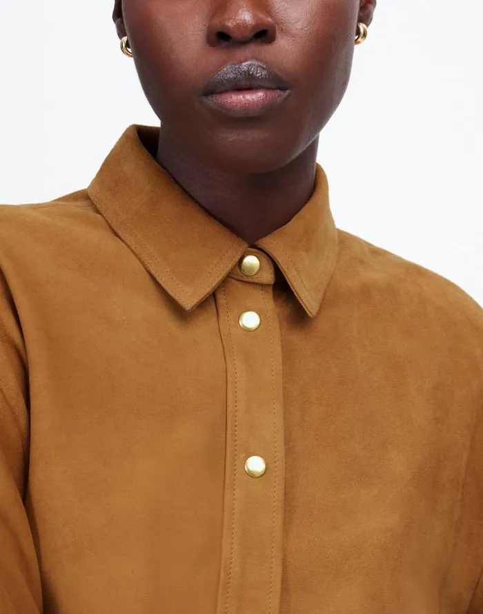 Women StraightHem ButtonUp Shirt In Suede Leather Suede Madewell Tops and Shirts