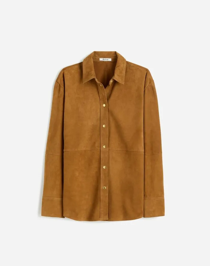 Women StraightHem ButtonUp Shirt In Suede Leather Suede Madewell Tops and Shirts