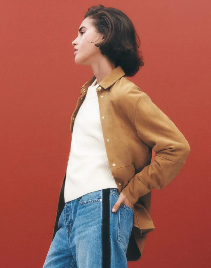 Women StraightHem ButtonUp Shirt In Suede Leather Suede Madewell Tops and Shirts