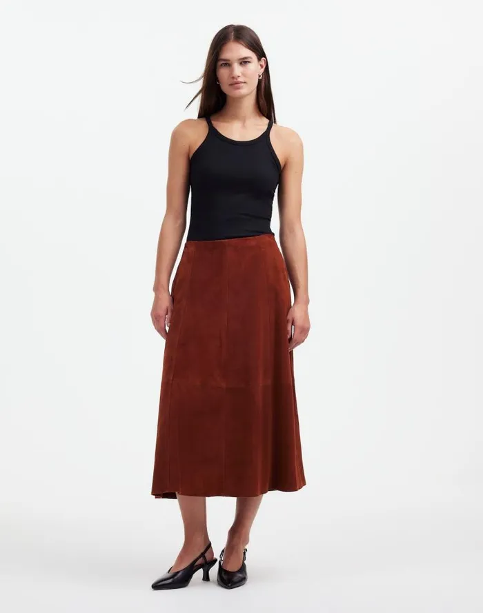 Women Suede Seamed Midi Skirt Soft Mahogany Madewell Skirts
