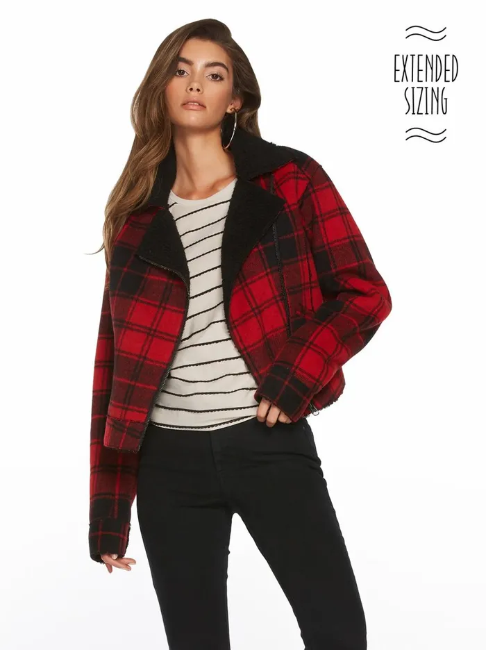 Women Sweaters Jessica Simpson Fleetwood Plaid Moto Jacket Rio Red Plaid