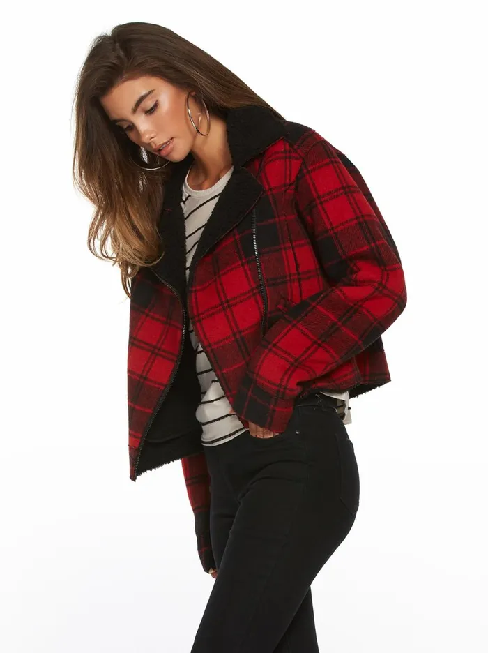 Women Sweaters Jessica Simpson Fleetwood Plaid Moto Jacket Rio Red Plaid