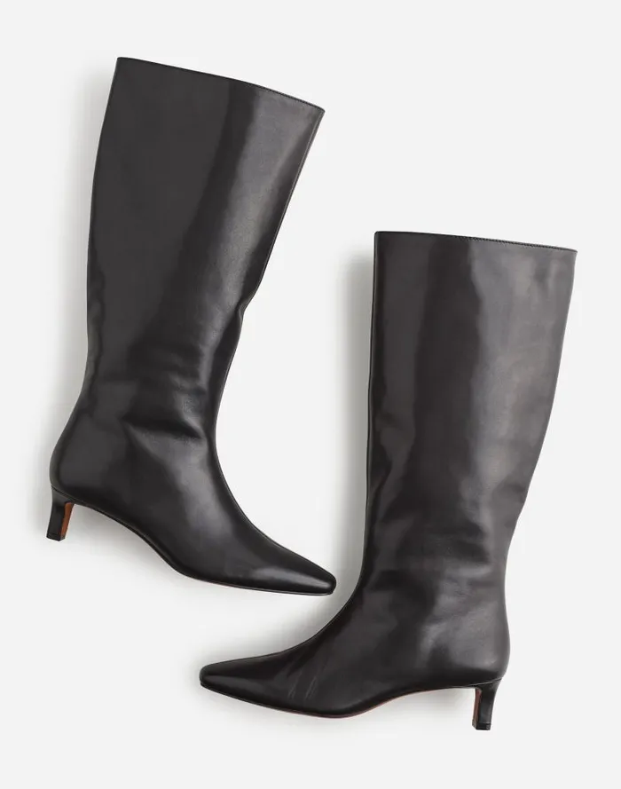 Women The Dimes KittenHeel KneeHigh Boot With Extended Calf In Leather True Black Madewell Boots