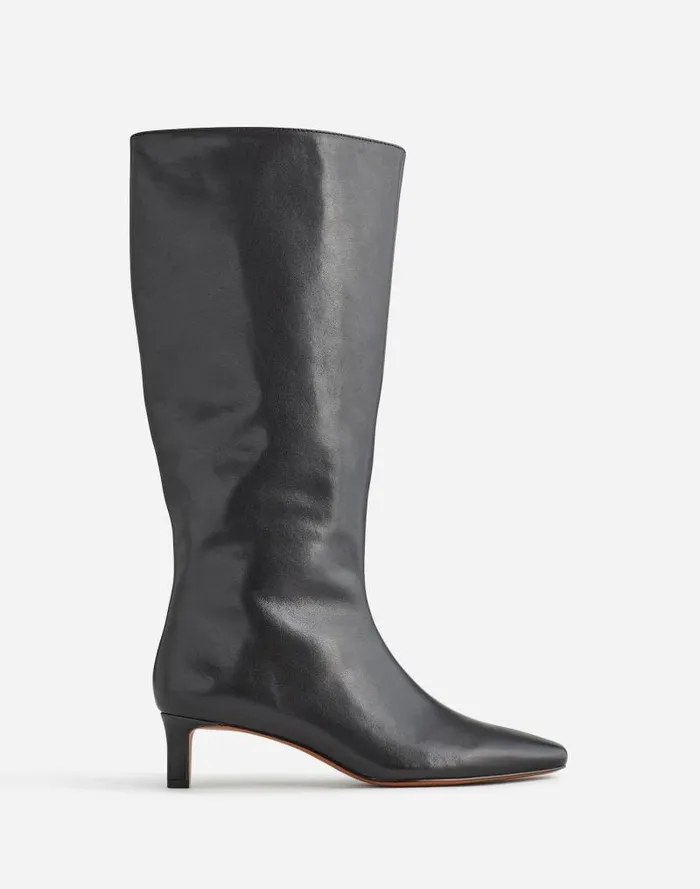 Women The Dimes KittenHeel KneeHigh Boot With Extended Calf In Leather True Black Madewell Boots