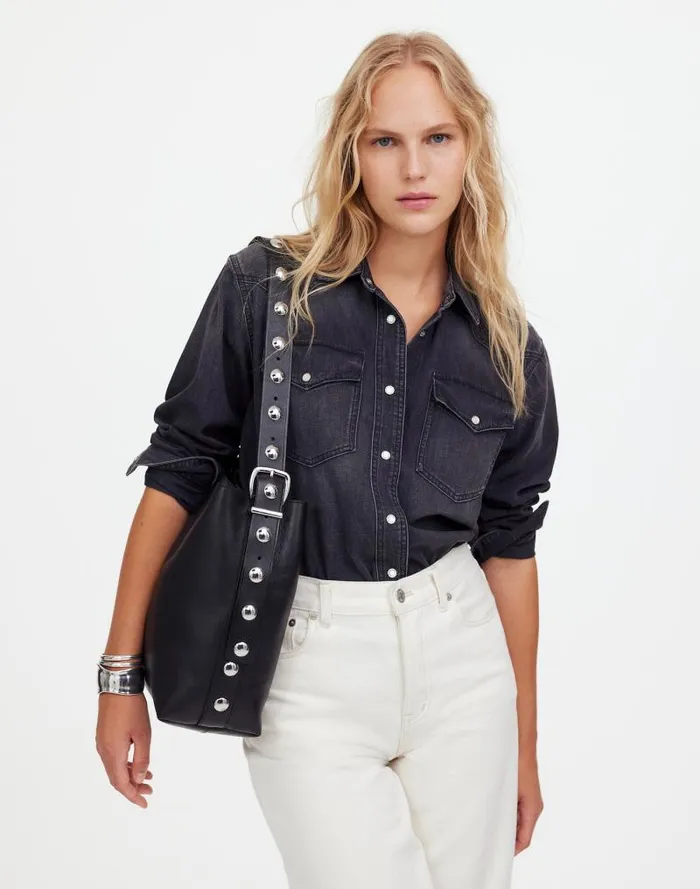 Women The Essential Medium Bucket Tote True Black Multi Madewell Bags