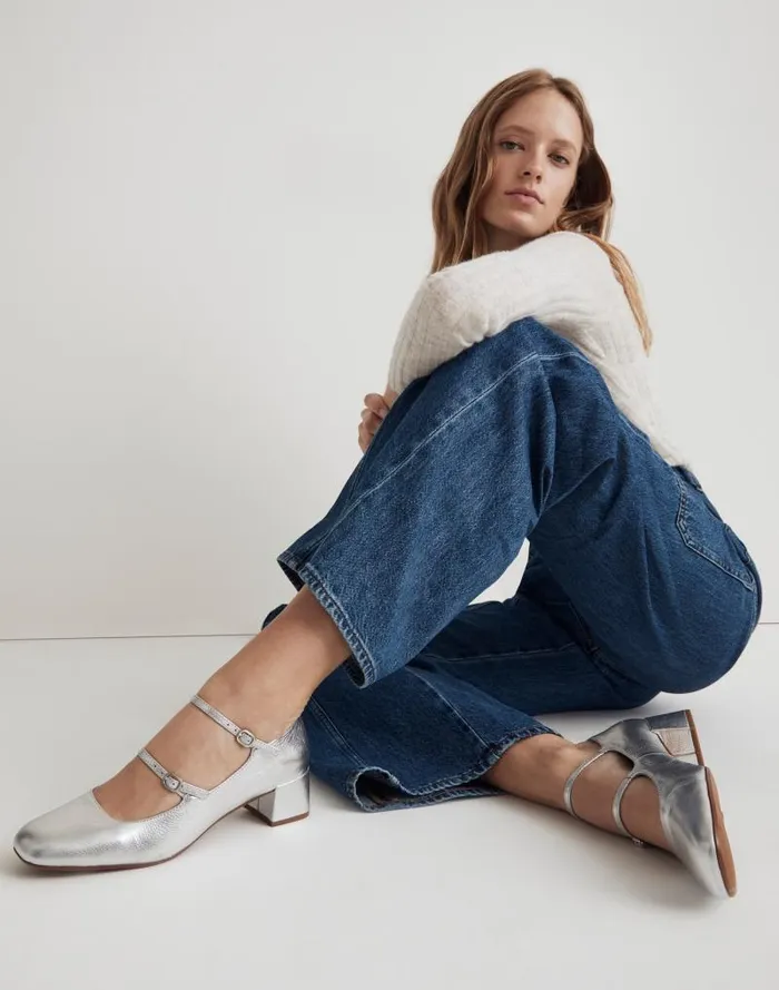 Women The Nettie Heeled Mary Jane Bright Silver Madewell Heels
