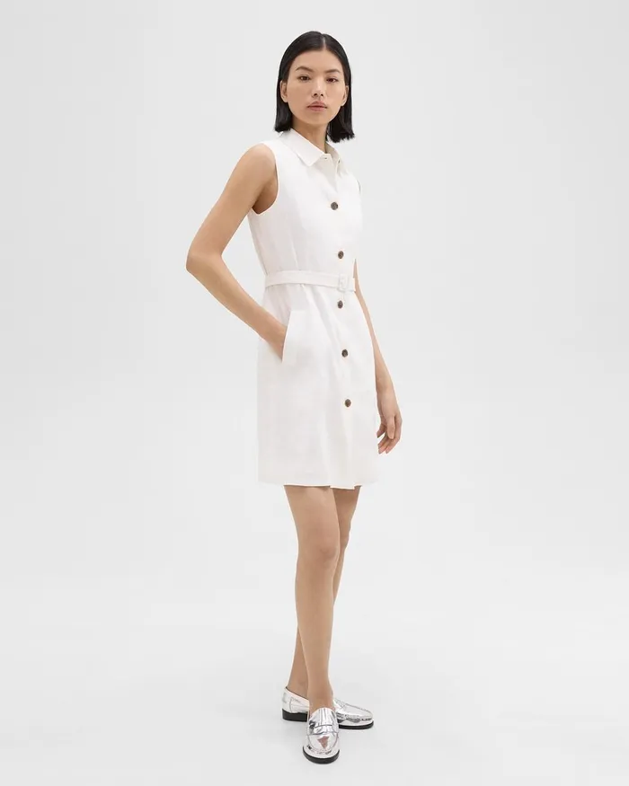 Women Theory Dresses Belted Military Dress In Stretch Linen White