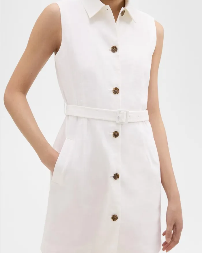 Women Theory Dresses Belted Military Dress In Stretch Linen White