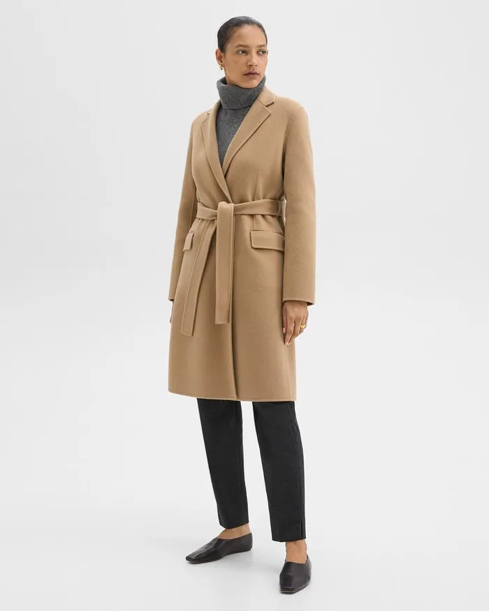 Women Theory Outerwear Wrap Coat In DoubleFace WoolCashmere New Camel