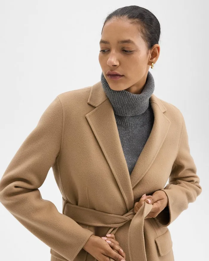 Women Theory Outerwear Wrap Coat In DoubleFace WoolCashmere New Camel