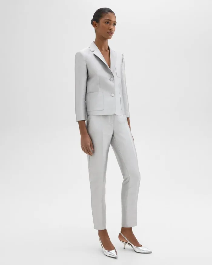 Women Theory Pants Tapered Slim Pant In Metallic Silk Twill Ice Grey