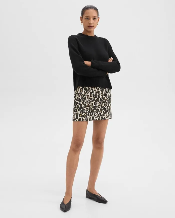 Women Theory Skirts Mini Trouser Skirt In Stretch Leopard Wool Beige Multi