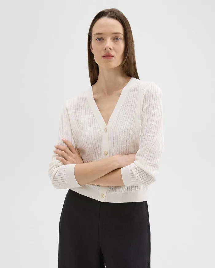Women Theory Sweaters Cardigans Cropped Cardigan In LinenViscose Bone