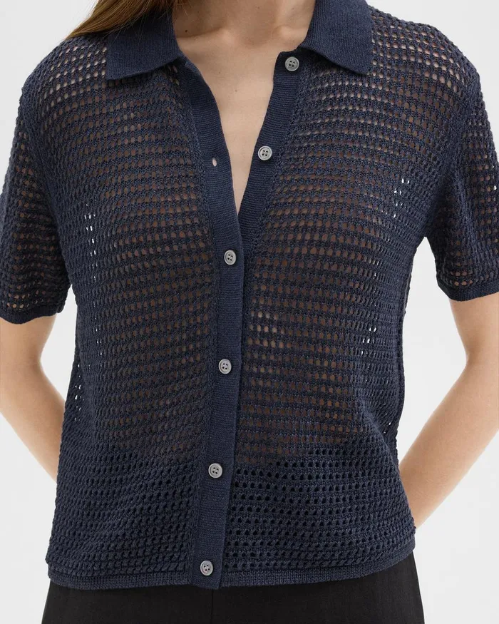Women Theory Sweaters Cardigans Mesh ShortSleeve Shirt In LinenViscose Nocturne Navy