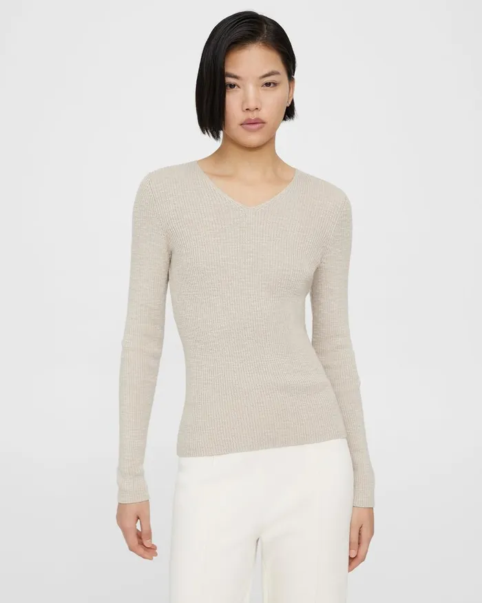 Women Theory Sweaters Cardigans Rib Knit VNeck Sweater In Slub Cotton Blend Parchment Women Theory Sweaters Cardigans Rib Knit VNeck Sweater In Slub Cotton Blend Parchment
