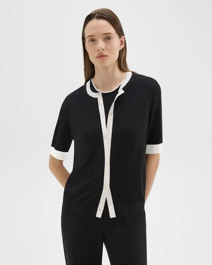 Women Theory Sweaters Cardigans ShortSleeve Cardigan In Regal Wool Blacknew Ivory Women Theory Sweaters Cardigans ShortSleeve Cardigan In Regal Wool Blacknew Ivory
