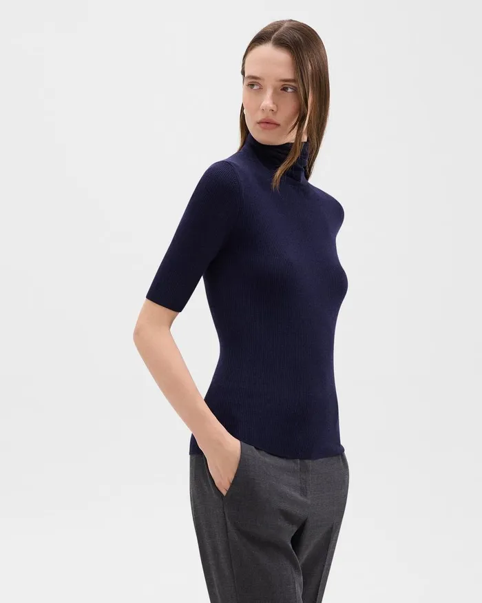 Women Theory Sweaters Cardigans ShortSleeve Turtleneck In Merino Wool Deep Navy Women Theory Sweaters Cardigans ShortSleeve Turtleneck In Merino Wool Deep Navy