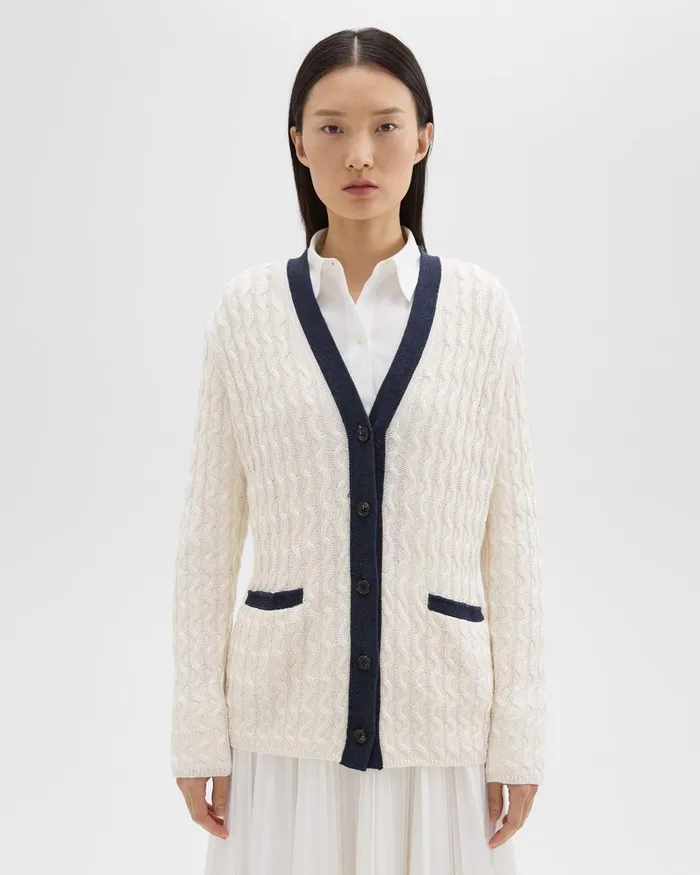 Women Theory Sweaters Cardigans VNeck Cardigan In Cable Knit Linen Bonenocturne Navy Women Theory Sweaters Cardigans VNeck Cardigan In Cable Knit Linen Bonenocturne Navy