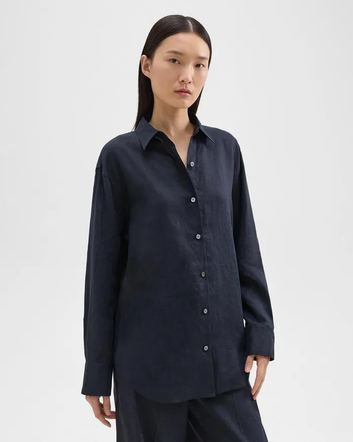 Women Theory Tops Boyfriend Shirt In Relaxed Linen Concord
