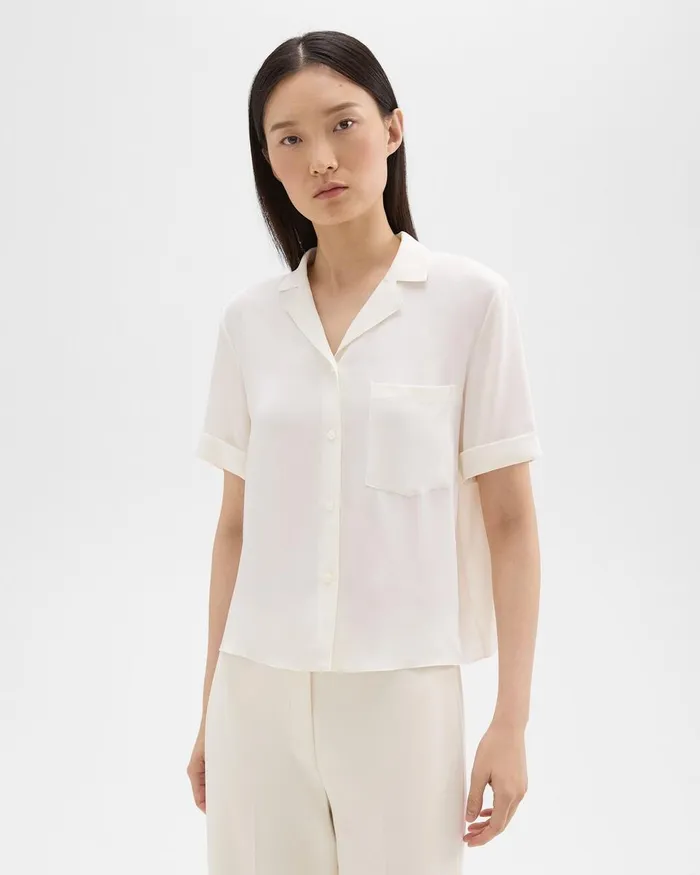 Women Theory Tops Camp Shirt In Silk Georgette Ivory