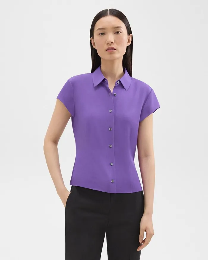 Women Theory Tops Cap Sleeve Shirt In Silk Georgette Bright Peony