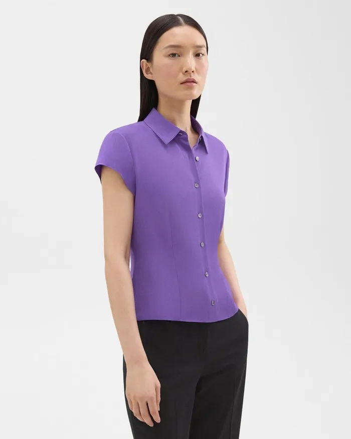 Women Theory Tops Cap Sleeve Shirt In Silk Georgette Bright Peony