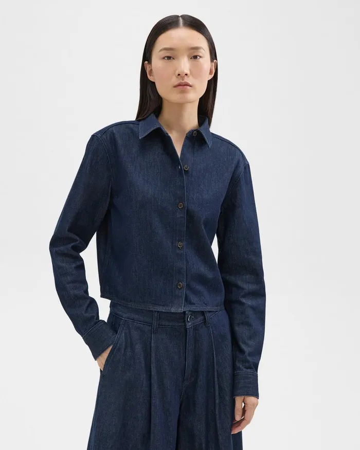 Women Theory Tops Cropped Shirt In Denim Indigo