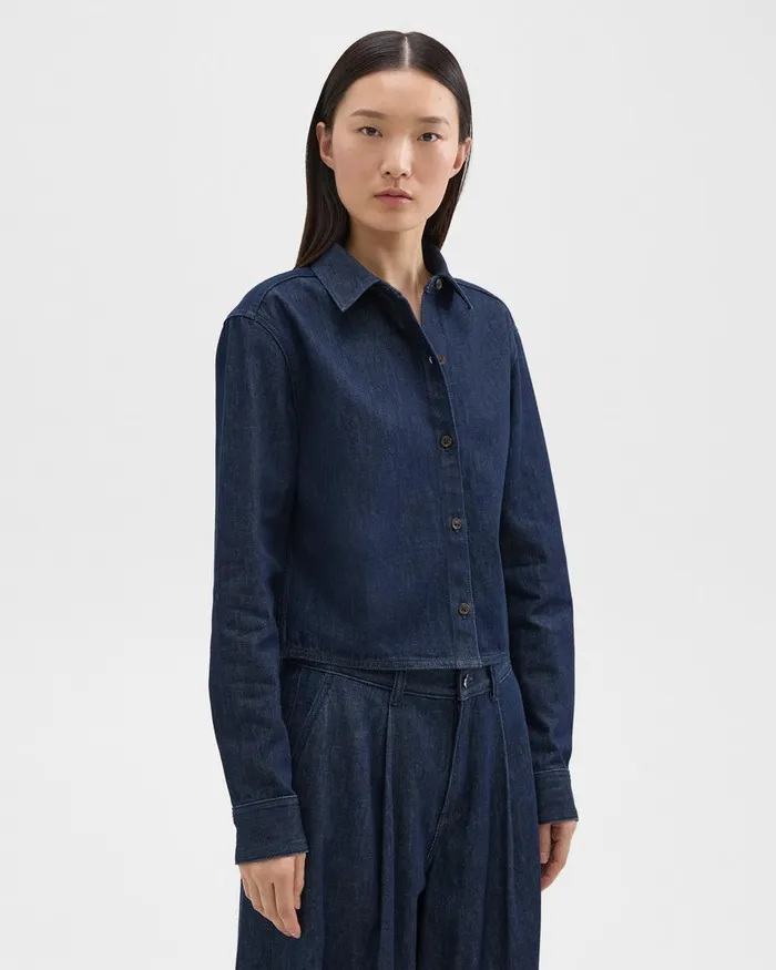 Women Theory Tops Cropped Shirt In Denim Indigo