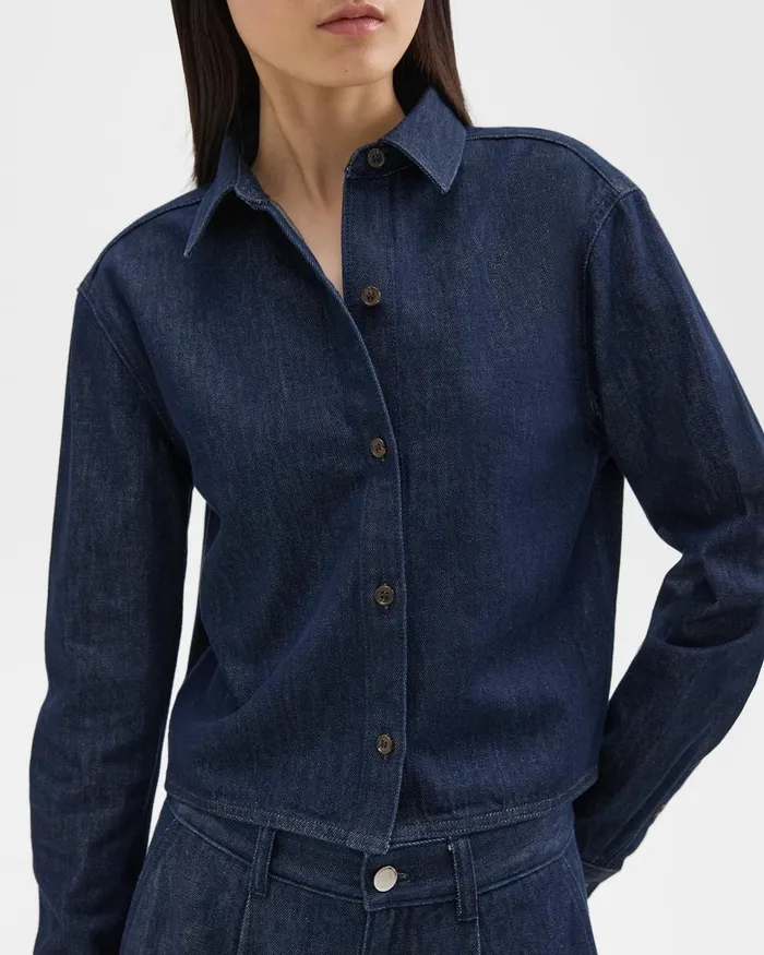 Women Theory Tops Cropped Shirt In Denim Indigo