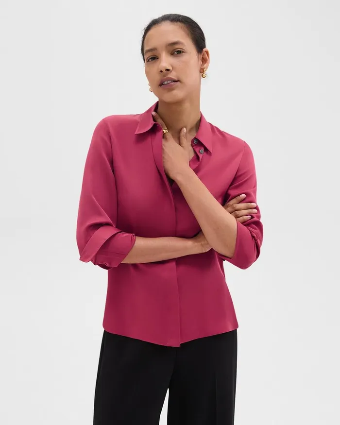 Women Theory Tops Fitted Shirt In Silk Georgette Deep Rose