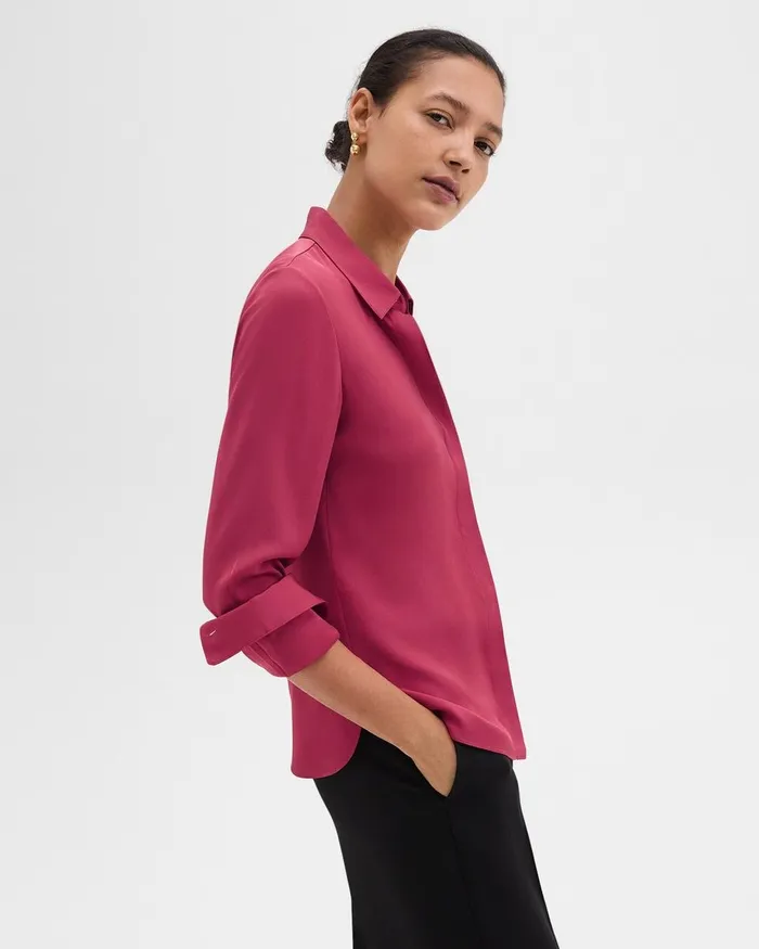 Women Theory Tops Fitted Shirt In Silk Georgette Deep Rose