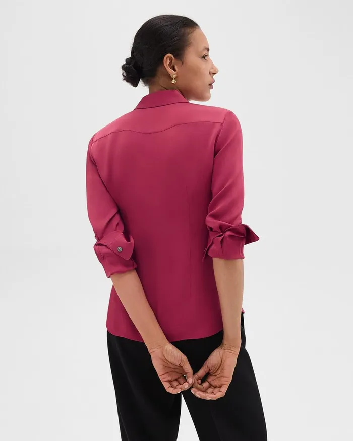 Women Theory Tops Fitted Shirt In Silk Georgette Deep Rose